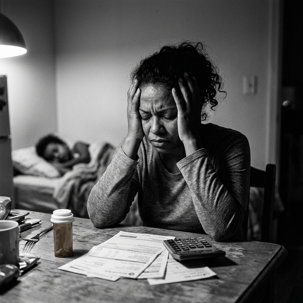 Mae preocupada com contas e remedios na mesa